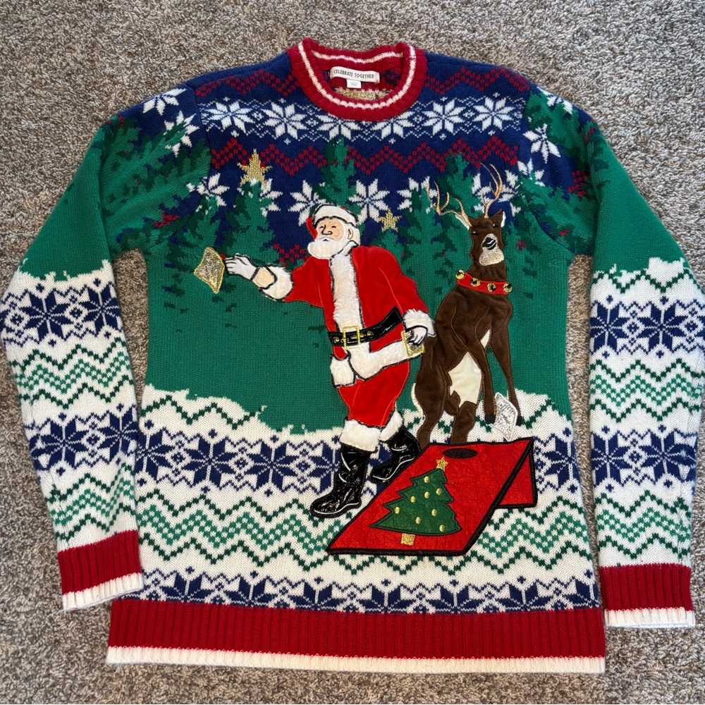 Festive Christmas Sweater with Santa and Reindeer Playing Cornhole